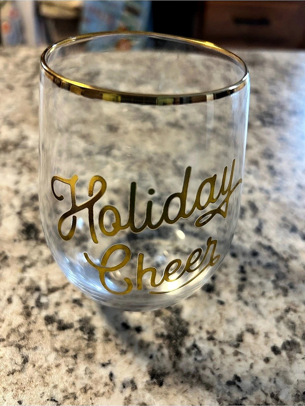 Holiday Cheer Gold Rim Stemless Glass